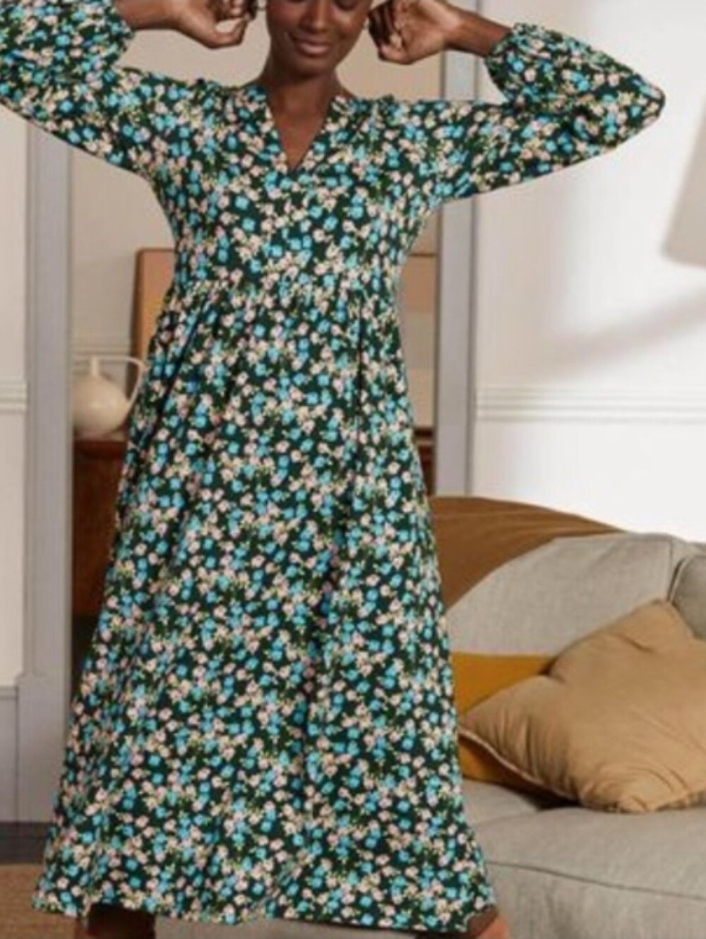 Boden Green Floral V‑Neck Long Sleeve Jersey Midi Dress - Size 14R